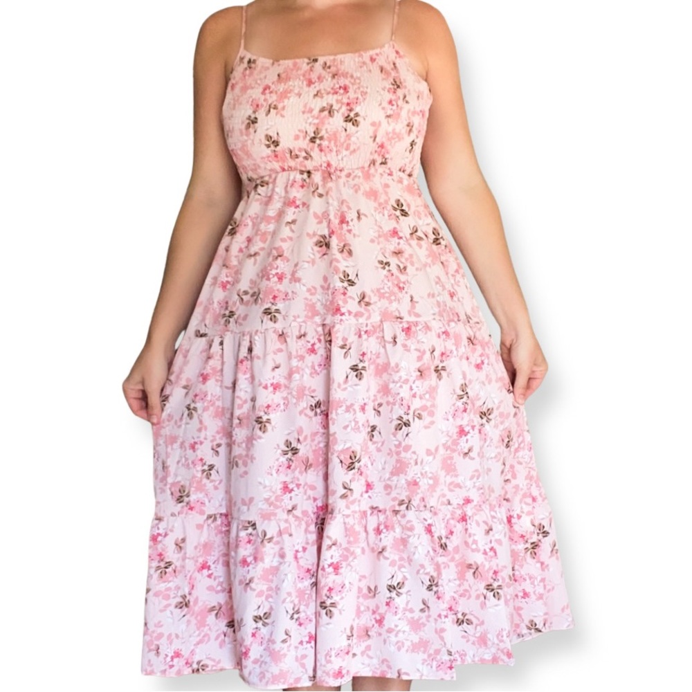 Pink Floral Shirred Dress - Picture 1 of 4